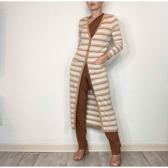 NWOT L'AGENCE Marija metallic striped long cardigan duster tan button front 3045 - Picture 11 of 11